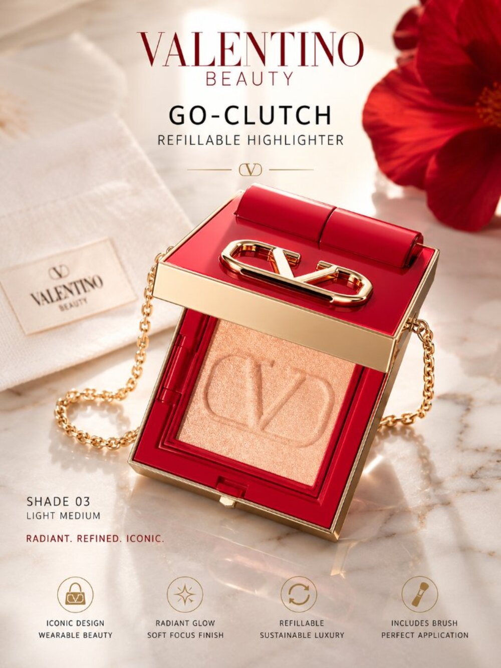Valentino Go-Clutch Refillable Highlighter Light Medium 03 Mini Bag Compact NIB
